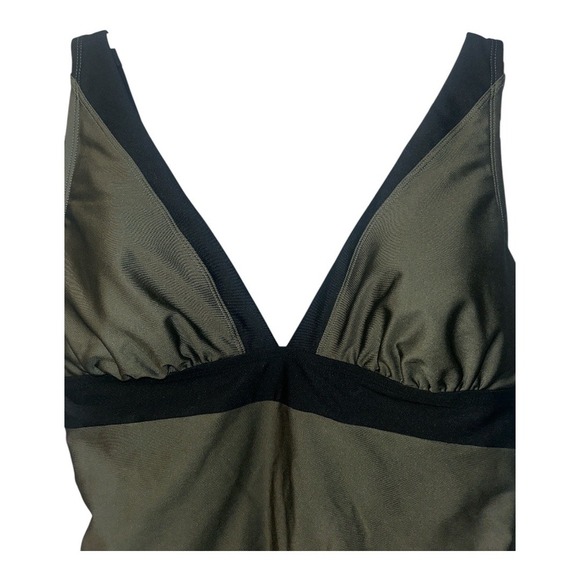 DKNY Green/Black V-Neck Contrast Trim One Piece Swimsuit, Size 12 - Picture 3 of 7